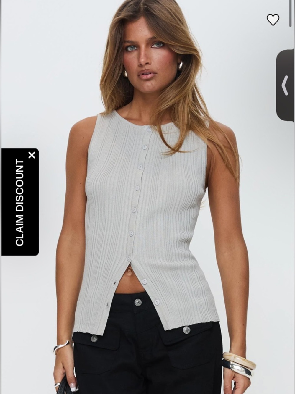 Princess Polly Light Gray Ribbed Button-Front Tank Top